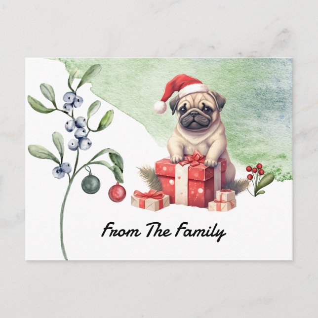 Pug God jul, vattenfärg Vykort (Framsida)