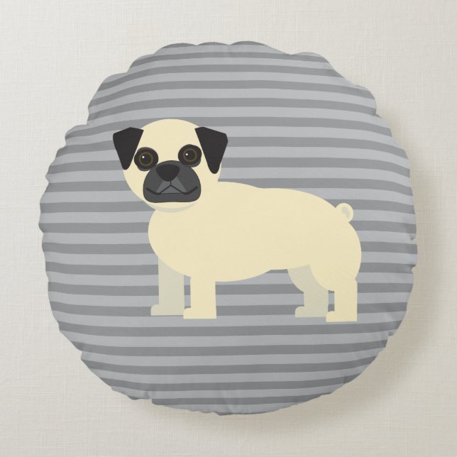 Pug Grå Linjerad Rund Kudde (Framsidan)
