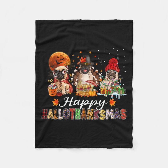 Pug Halloween Thanksgiving Christmas Happy Halloth Fleecefilt (Framsidan)