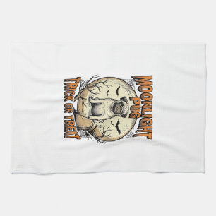 Pug Halloween-tröja med Vintage Engraving Moon_1 Kökshandduk