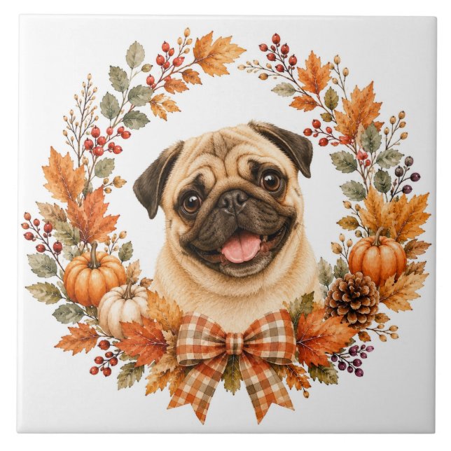 Pug höstkrans kakelplatta (Framsidan)