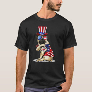 Pug Hund 4:e Juli USA Flagga Glasögon Patriotisk H T Shirt