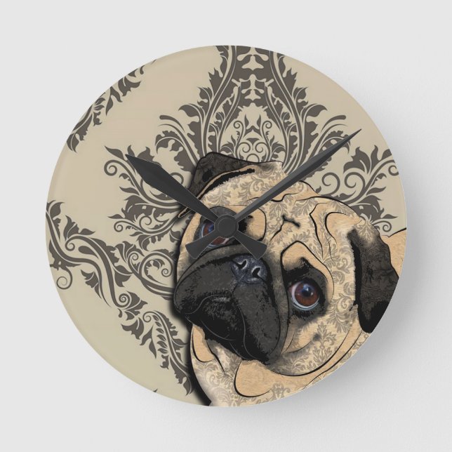 Pug Hund Abstrakt Skriv ut Mönster Rund Klocka (Framsida)