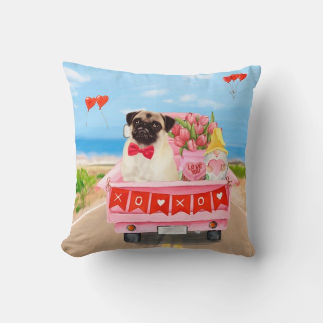 Pug Hund Alla Hjärtans Dags Lastbil Hjärtan Kudde (Framsida)