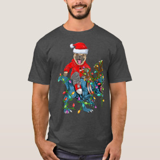 Pug Hund älskare Julafton Ljus Pug Riding Dinosaur T Shirt