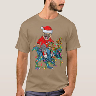 Pug Hund älskare Julafton Ljus Pug Riding Dinosaur T Shirt