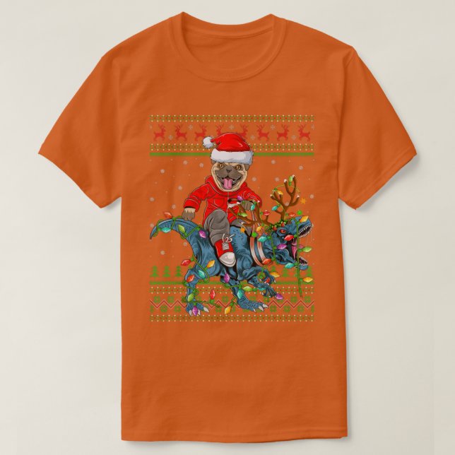 Pug Hund älskare Ugly Julafton Ljus Pug Riding Din T Shirt (Design framsida)