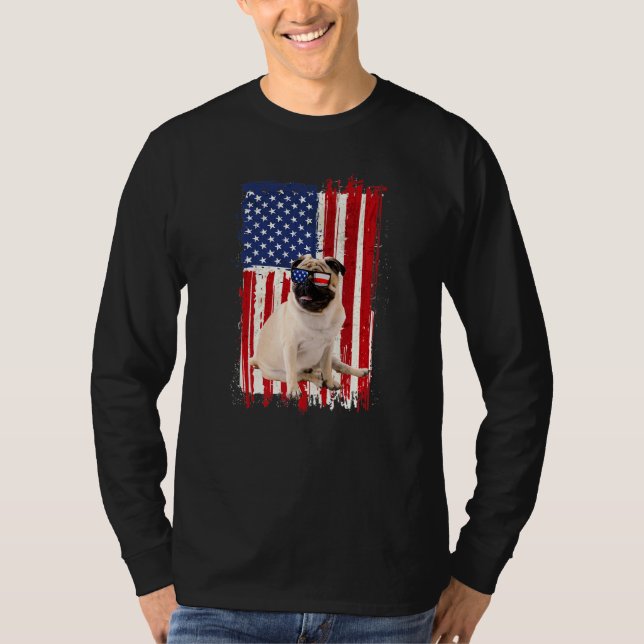 Pug Hund American Flagga Patriotic Independence 4 T Shirt (Framsida)