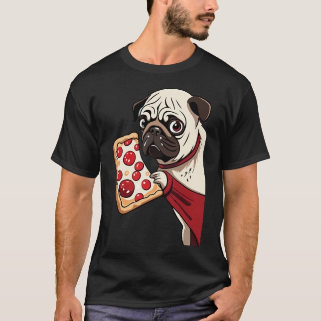 pug hund äter pizza t shirt (Framsida)