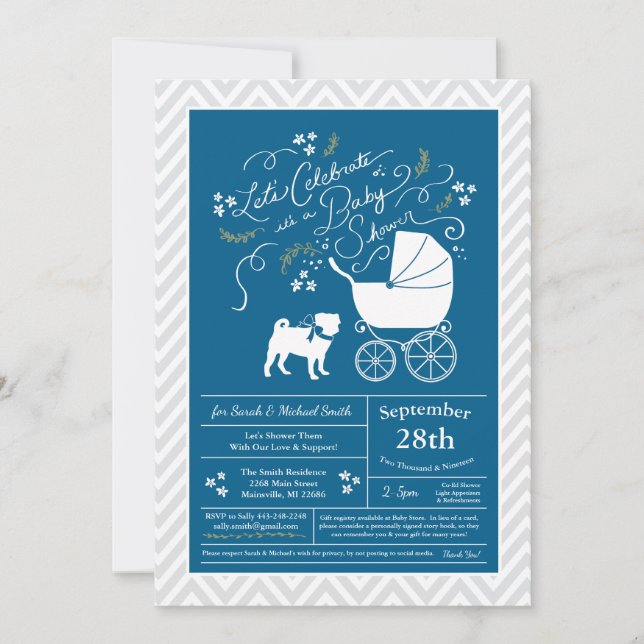 Pug Hund Baby Shower Blue för Boy Inbjudningar (Framsida)