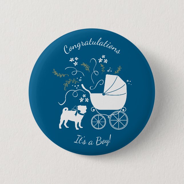 Pug Hund Baby Shower Boy Blue med Bow Knapp (Framsida)