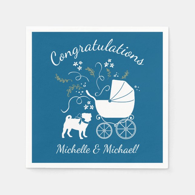 Pug Hund Baby Shower Boy Blue med Bow Pappersservett (Framsidan)