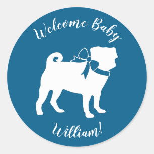 Pug Hund Baby Shower Boy Blue med Bow Runt Klistermärke