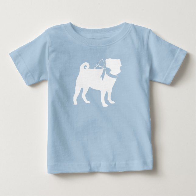 Pug Hund Baby Shower Boy Blue med Bow T Shirt (Framsida)
