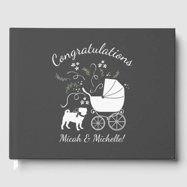 Pug Hund Baby Shower Grått Puppy Kön Neutral Gästböcker (Framsida)