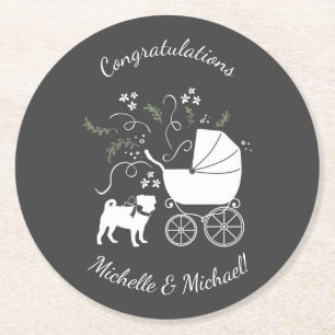 Pug Hund Baby Shower Theme Puppy Gender Neutral Underlägg Papper Rund