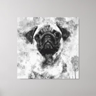 Pug Hund Black and White Watercolor 01 Canvastryck