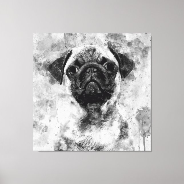 Pug Hund Black and White Watercolor 01 Canvastryck (Framsida)