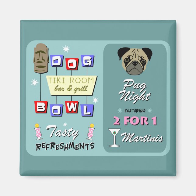 Pug Hund Bowling Tiki Night Magnet (Framsidan)