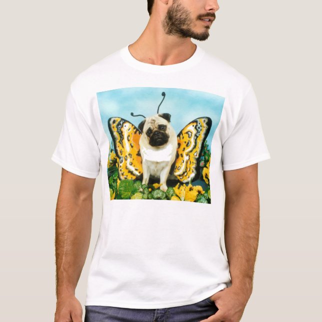 Pug Hund Butterfly T-Shirt (Framsida)