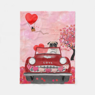Pug Hund Car med Hearts Valentine Fleecefilt