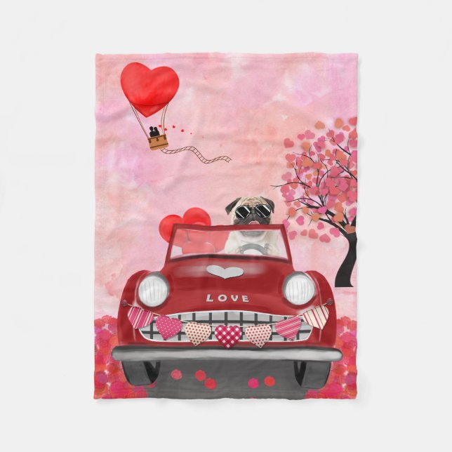 Pug Hund Car med Hearts Valentine Fleecefilt (Framsidan)