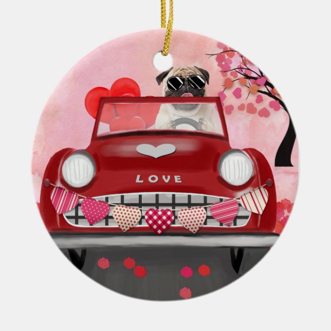 Pug Hund Car med Hearts Valentine Julgransprydnad Keramik (Framsidan)
