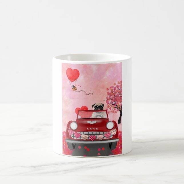 Pug Hund Car med Hearts Valentine Kaffemugg (Center)
