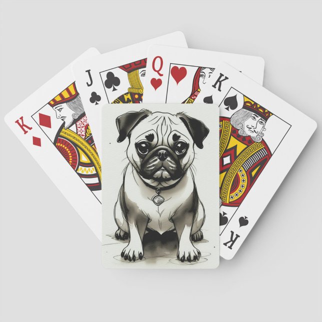 Pug Hund Casinokort (Watercolor illustration of a pug dog sitting, with a collar and a pendant, black and white color.)