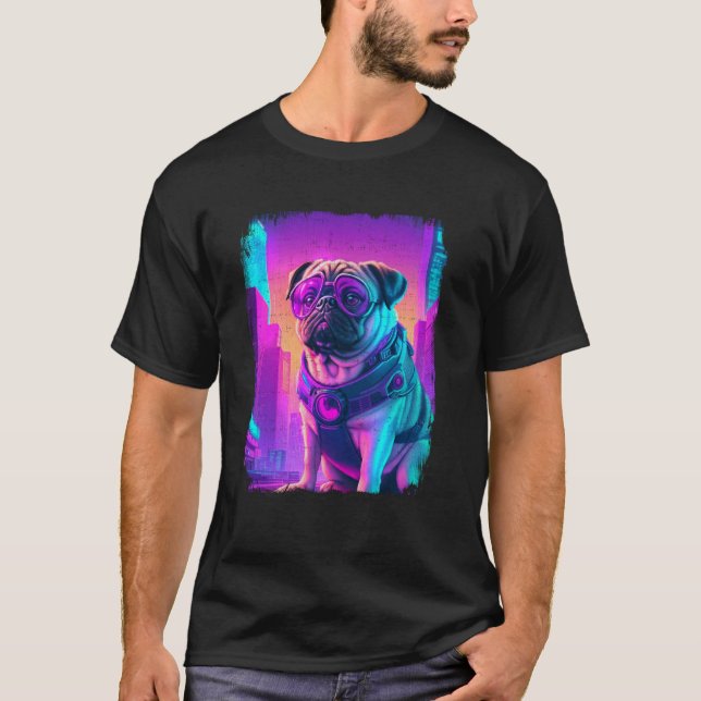 Pug Hund Cyber Vaporwave 80's Synthwave Retrowave  T Shirt (Framsida)