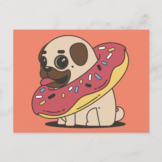 PUG HUND DONUT POSTCARDS VYKORT (Framsida)