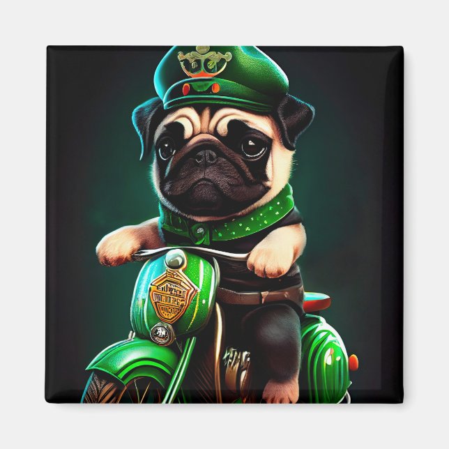 Pug Hund Driving Bike St. Patrick's Day Magnet (Framsidan)