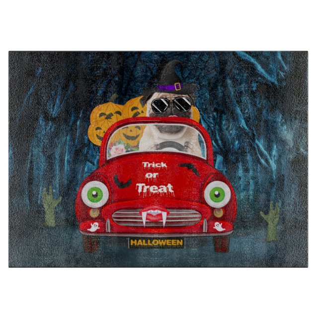 Pug Hund Driving Car Scary Halloween (Framsidan)