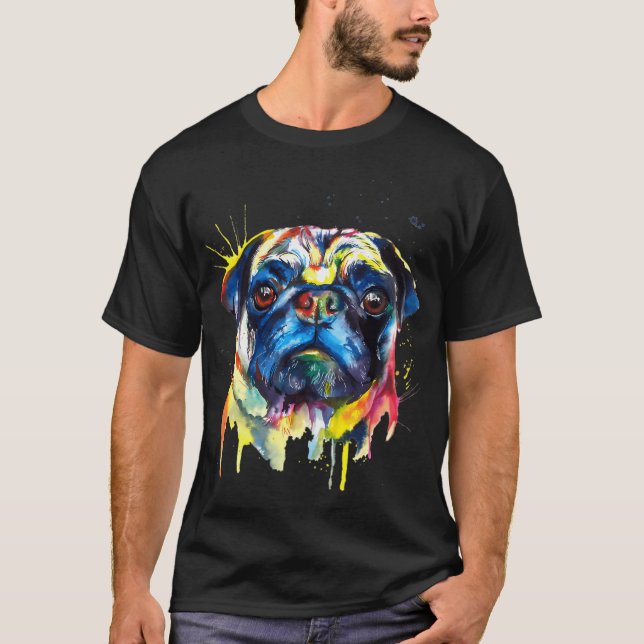 Pug Hund Färgrik Konst T Shirt (Framsida)