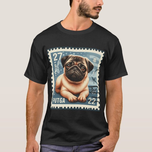 Pug Hund Frimärke T Shirt (Framsida)