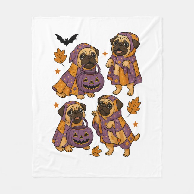 Pug Hund Ghost Halloween Spooky Fleecefilt (Framsidan)