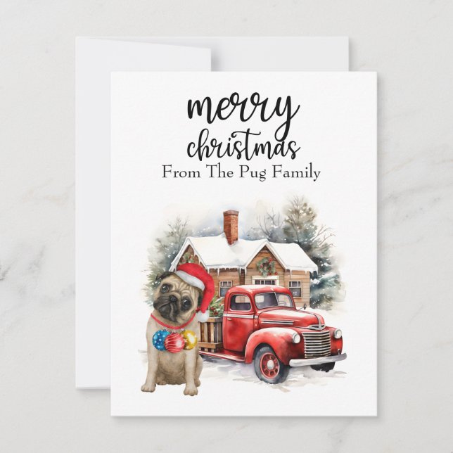 PUG Hund God jul på Röda Guld-marmor Julkort (Framsida)