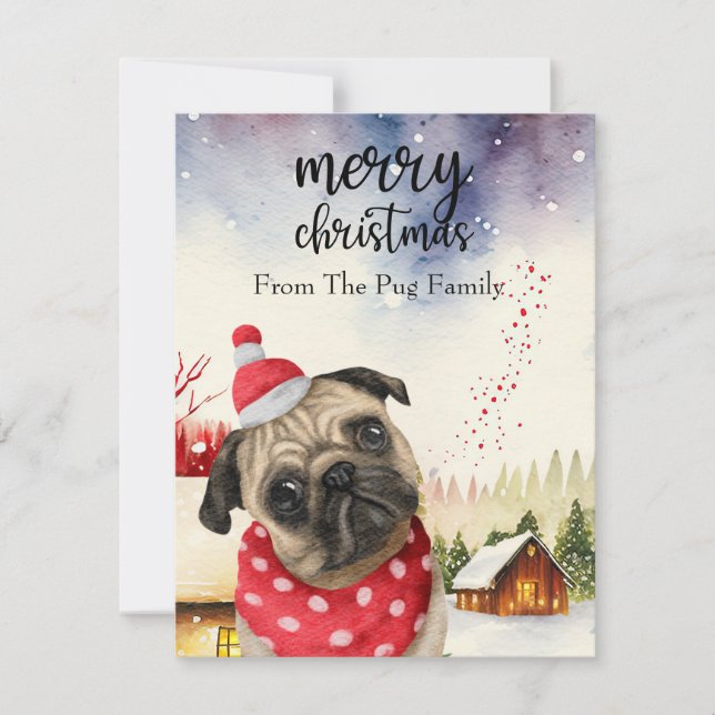 PUG Hund God jul på Röda Guld-marmor Julkort (Framsida)