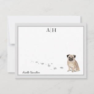 Pug Hund Grått Gräns Monogram Personlig Anpassning Anteckningskort