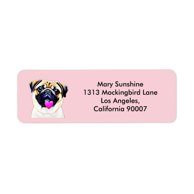 PUG HUND, gullig marionett Returadress Etikett (Framsidan)