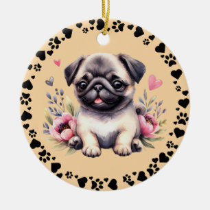 Pug Hund Hearts Ram Pet Photo Tuscan Julgransprydnad Keramik