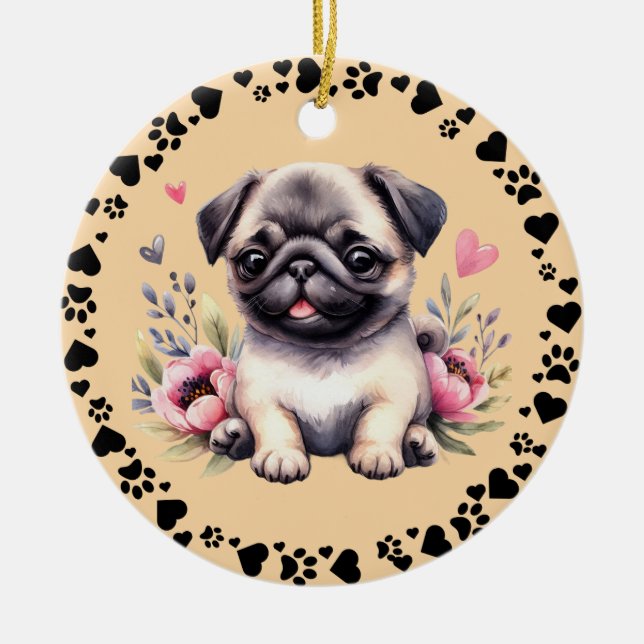 Pug Hund Hearts Ram Pet Photo Tuscan Julgransprydnad Keramik (Framsidan)