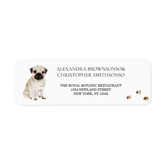Pug Hund Hem Nygifta Bröllop Returadress Etikett (Framsidan)