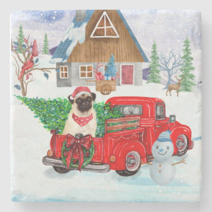 Pug Hund i julleveransen Lastbil Snö Stenunderlägg