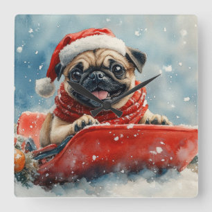 Pug Hund i Sledge Låt det snöa jul Fyrkantig Klocka