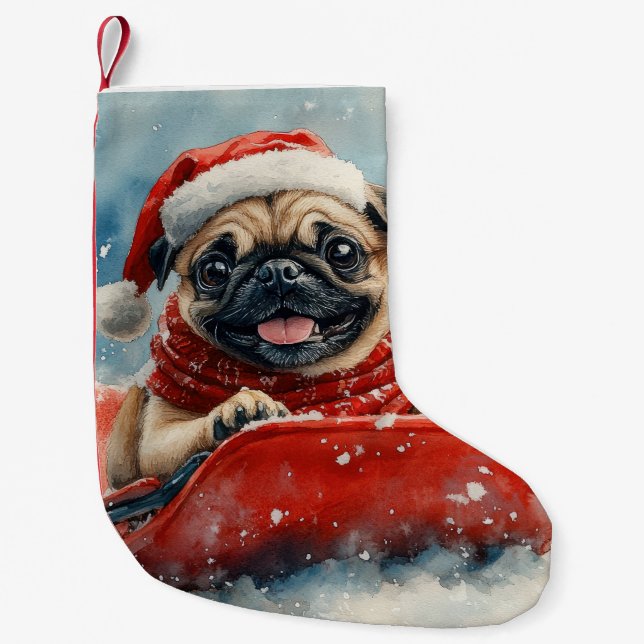 Pug Hund i Sledge Låt det snöa jul Liten Julstrumpa (Framsidan)