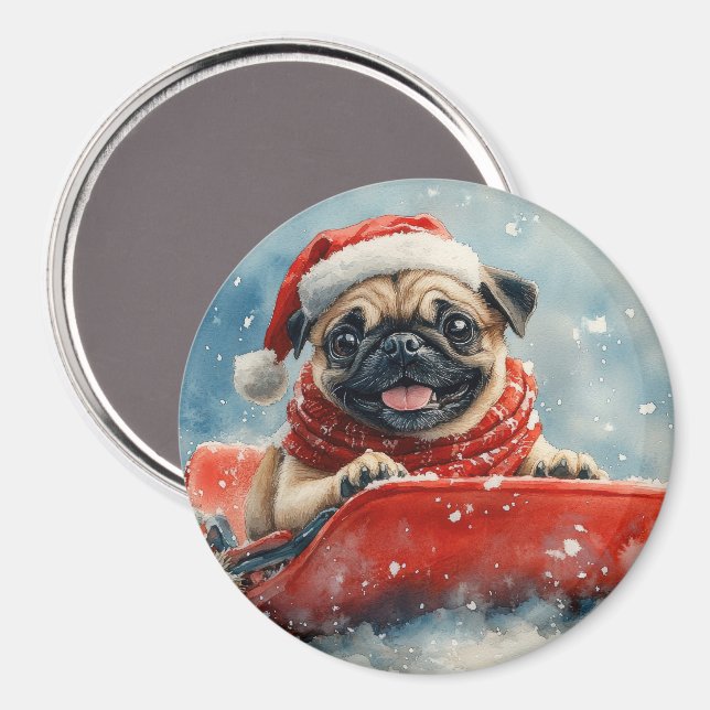 Pug Hund i Sledge Låt det snöa jul Magnet (Front/Back)