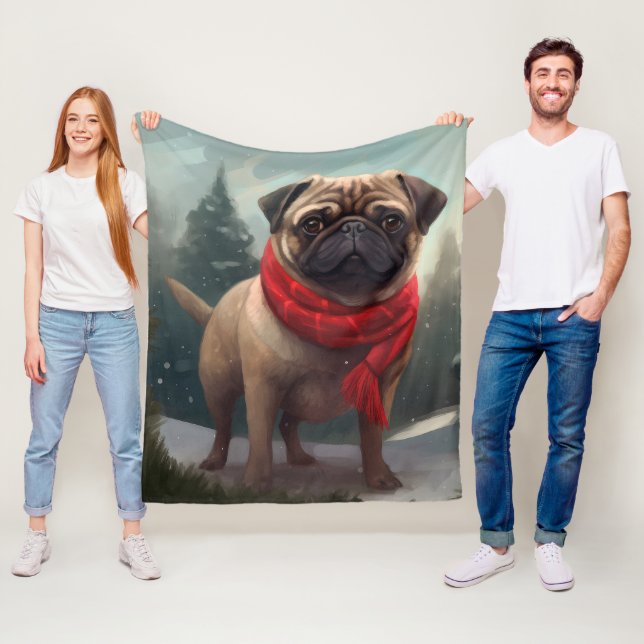 Pug Hund i Snö Jul Fleecefilt (På plats)