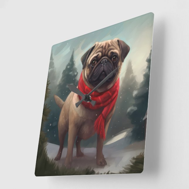 Pug Hund i Snö Jul Fyrkantig Klocka (Vinkel)