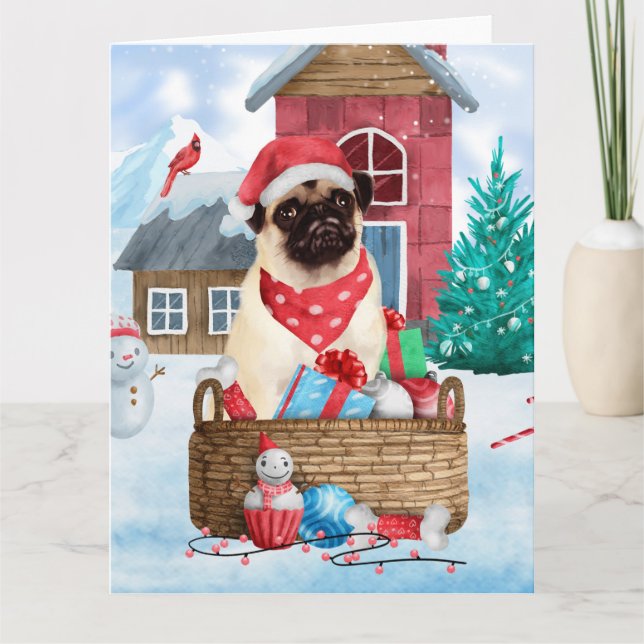 Pug hund i snö jul hund hus kort (Framsida)